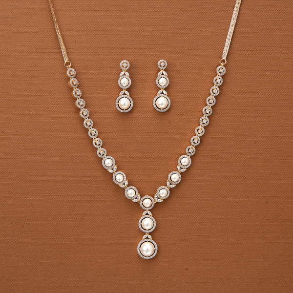 437049 Cubic Zirconia Pearl Necklace With 2 Tone Rhodium Plating