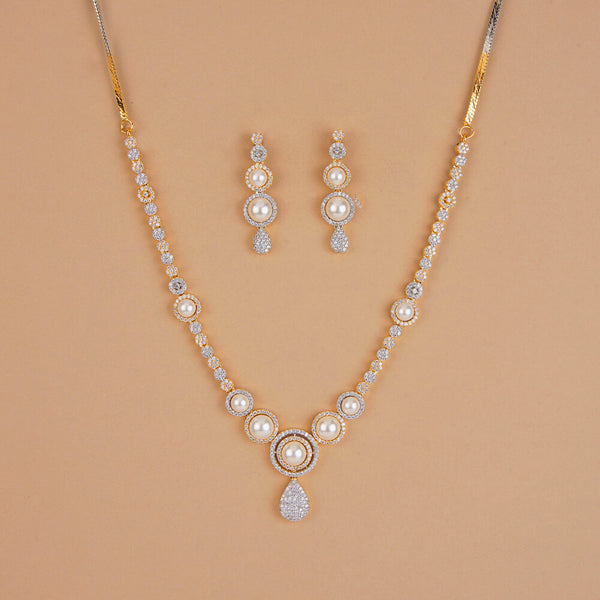 437246 Cubic Zirconia Delicate Necklace Set With 2 Tone Rhodium Plating