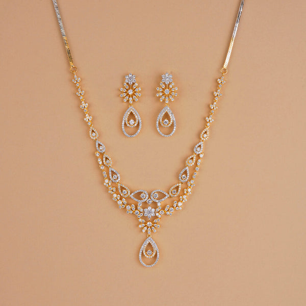 437261 Cubic Zirconia Classic Necklace Set With 2 Tone Rhodium Plating