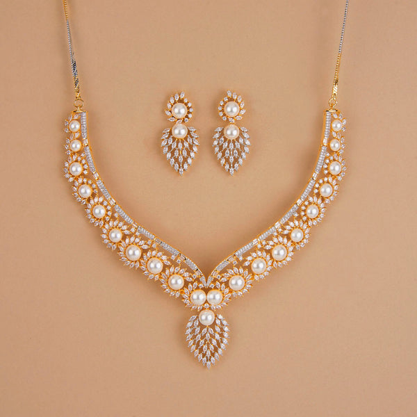 437264 Cubic Zirconia Classic Necklace Set With 2 Tone Rhodium Plating