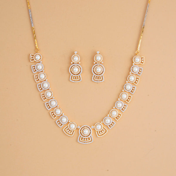 437329 Cubic Zirconia Pearl Necklace Set With 2 Tone Rhodium Plating
