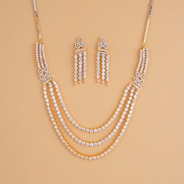437331 Cubic Zirconia 3 Line Necklace Set With 2 Tone Plating