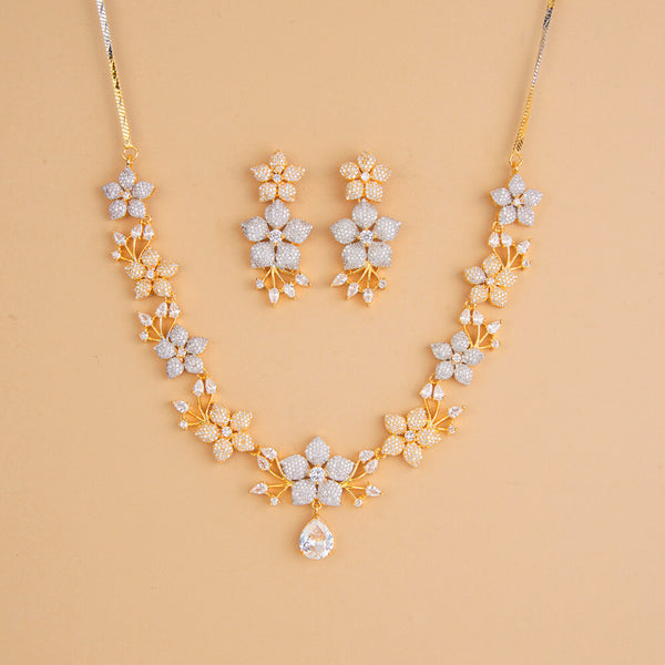 437335 Cubic Zirconia Classic Necklace Set With 2 Tone Rhodium Plating