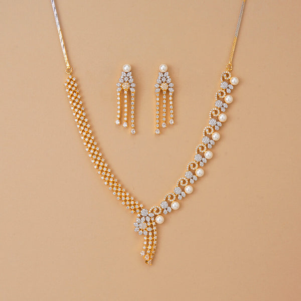 437358 Cubic Zirconia Classic Necklace Set With 2 Tone Rhodium Plating