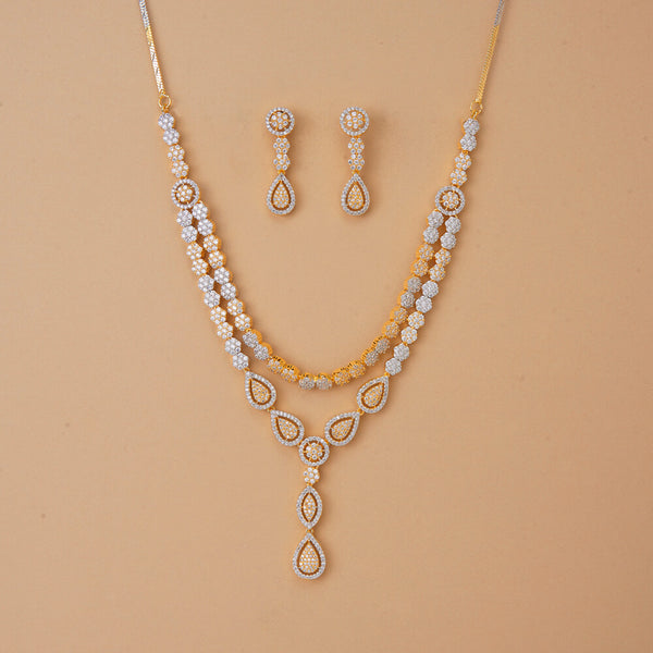 437378 Cubic Zirconia Classic Necklace Set With 2 Tone Rhodium Plating