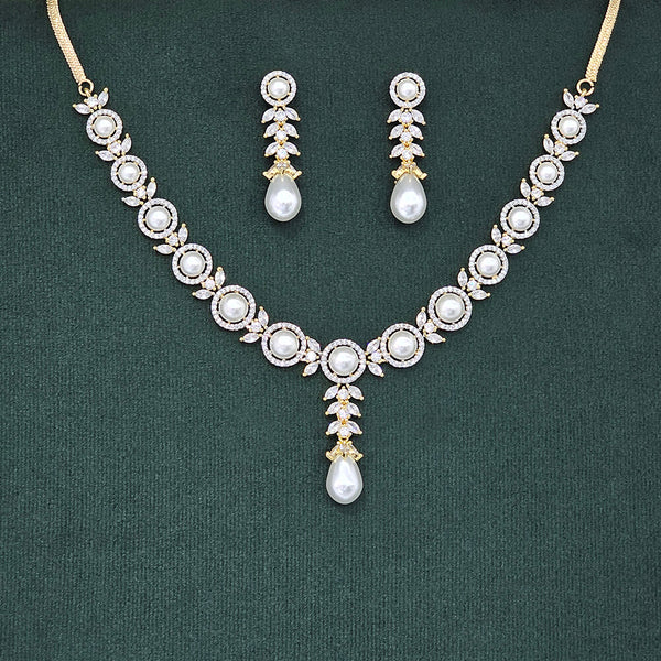 437454 Cubic Zirconia Pearl Necklace Set With 2 Tone Rhodium Plating