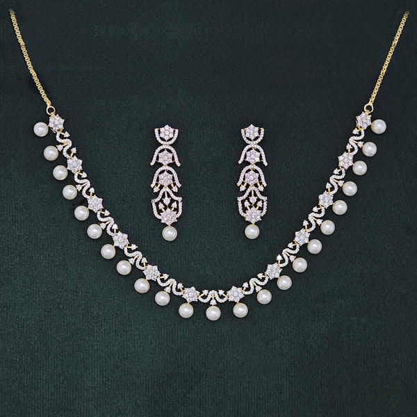 437504 Cubic Zirconia Moti Necklace Set With 2 Tone Rhodium Plating