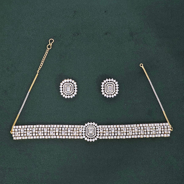 437538 Cubic Zirconia Choker Necklace Set With 2 Tone Rhodium Plating