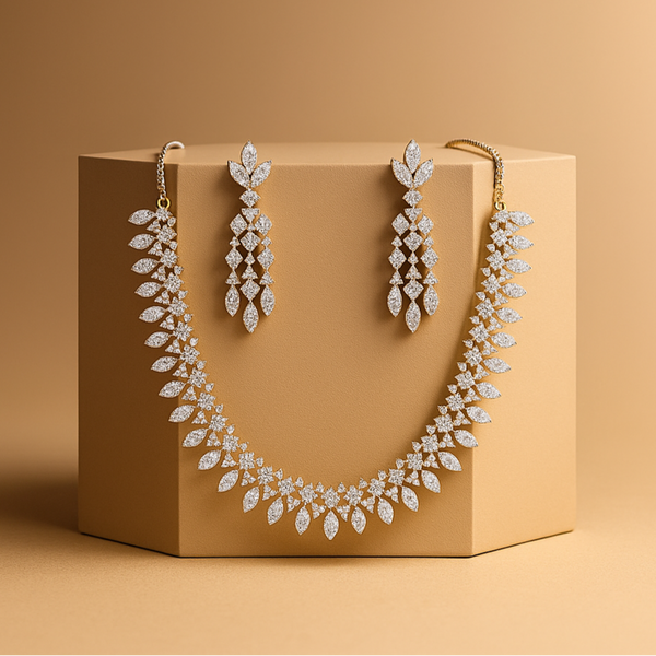 437546 Cubic Zirconia Delicate Necklace Set With 2 Tone Rhodium Plating