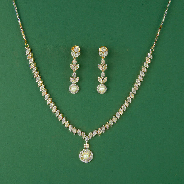 437563 Cz Pearl Necklace With 2 Tone Rhodium Plating