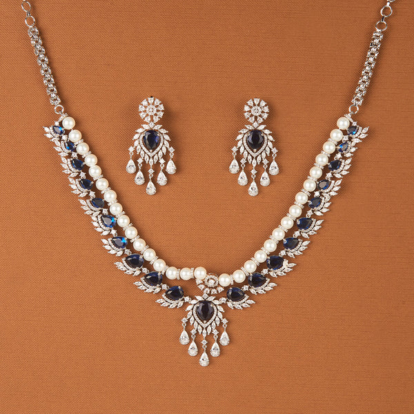 437750 Cubic Zirconia 2 Line Necklace Set With Rhodium Plating