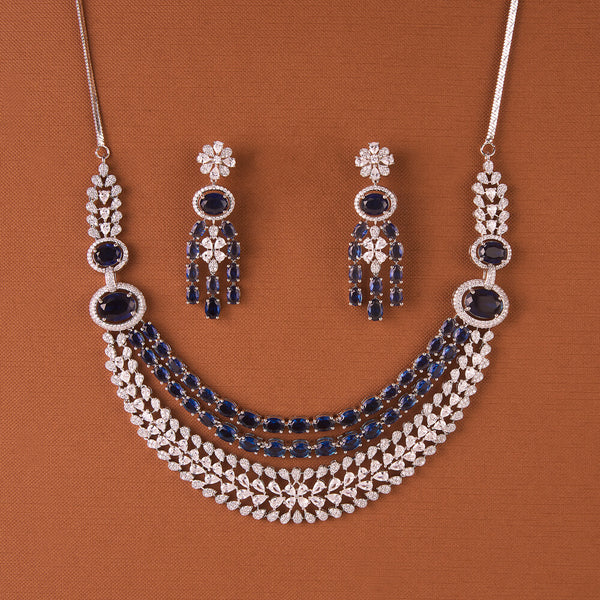 437797 Cubic Zirconia 2 Line Necklace Set With Rhodium Plating