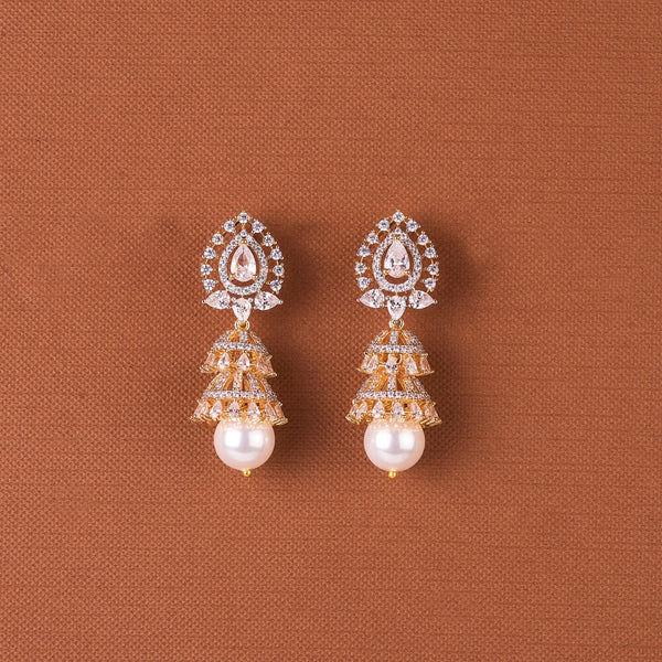 437803 Cubic Zirconia Pearl Jhumki With Mehndi 2 Tone Rhodium Plating