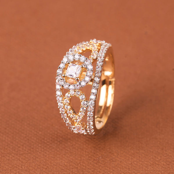 437804 Cubic Zirconia Adjustable Ring With Mehndi 2 Tone Rhodium Plating