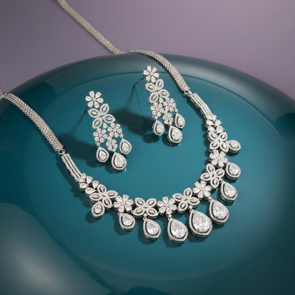 437817 Cubic Zirconia Classic Necklace Set With Rhodium Plating