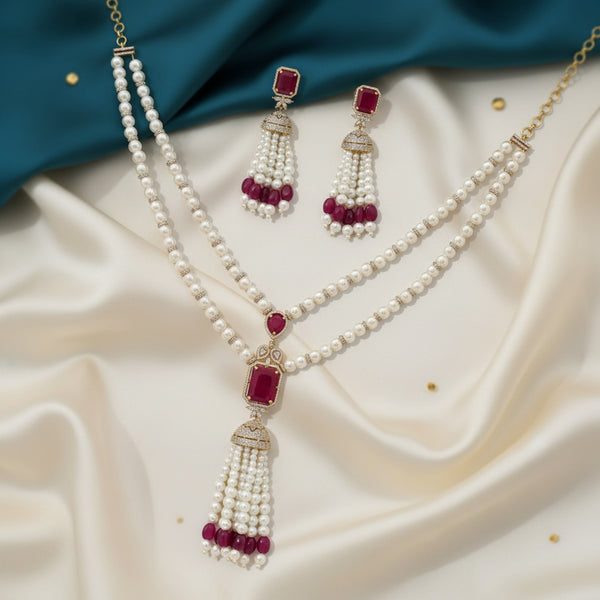 437873 American Diamond Moti Pendant Set With 2 Tone Plating