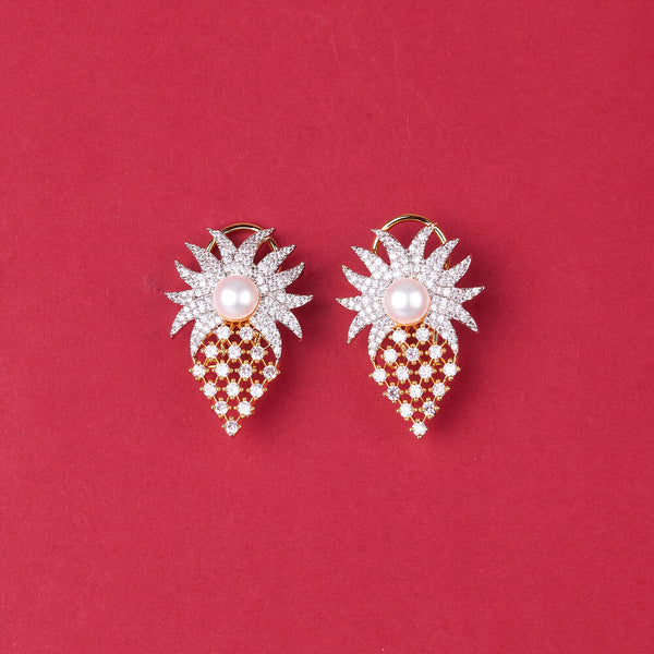 438230 Cz Pearl Earring With 2 Tone Rhodium Plating