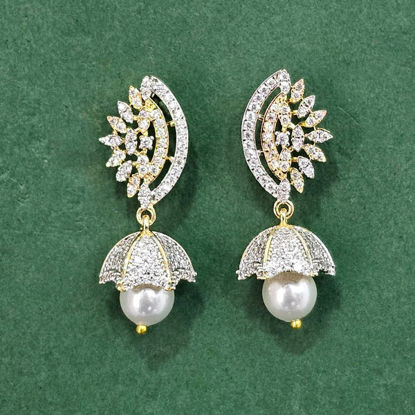 438318 Cz Pearl Jhumki With 2 Tone Rhodium Plating