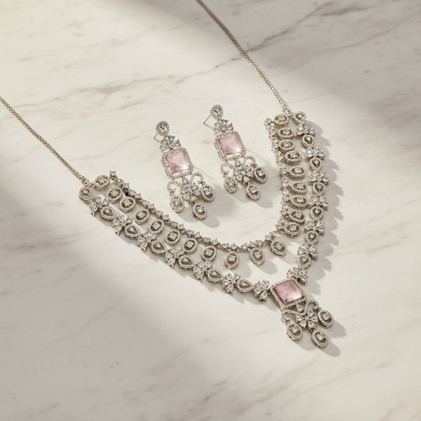 438487 Cz Classic Necklace Set With Rhodium Plating