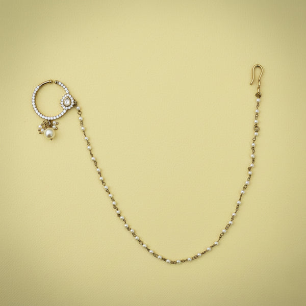 438529 Cz Pearl Nose Ring With Mehndi Plating