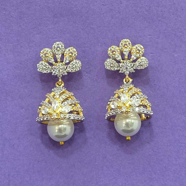 438537 Cz Pearl Jhumki With 2 Tone Rhodium Plating