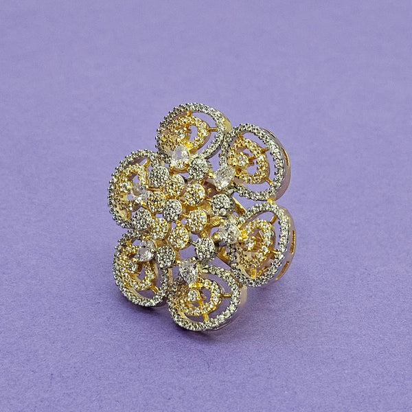 438572 Cz Adjustable Ring With 2 Tone Rhodium Mehndi Plating