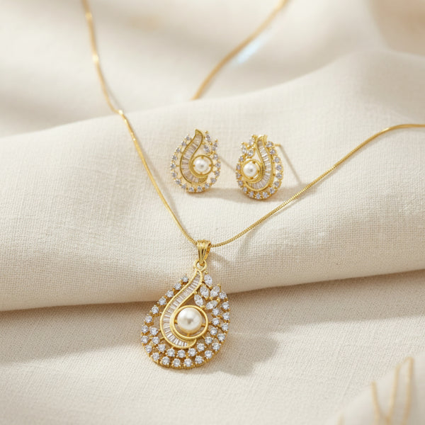 439324 Cz Chain Pendant Set With 2 Tone Rhodium Plating