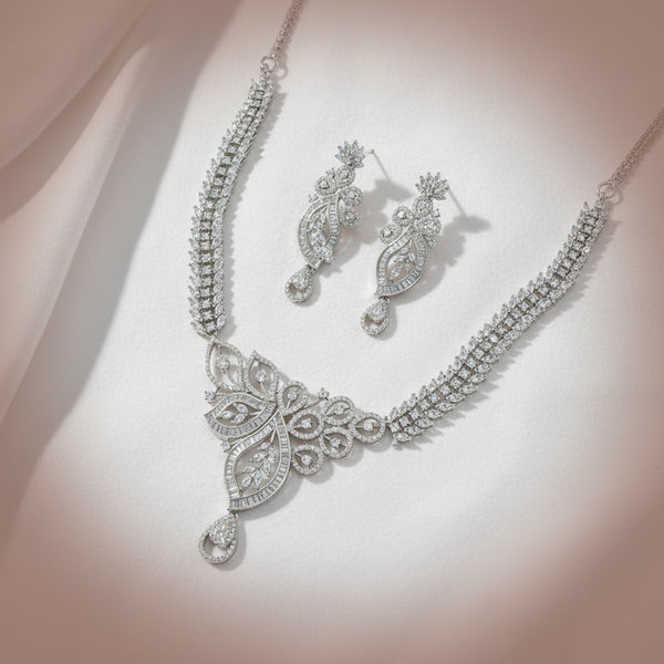 439696 Cubic Zirconia Classic Necklace Set With Rhodium 2 Tone Plating