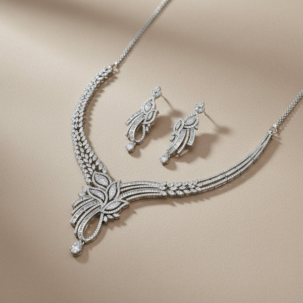 439697 Cubic Zirconia Classic Necklace Set With Rhodium 2 Tone Plating