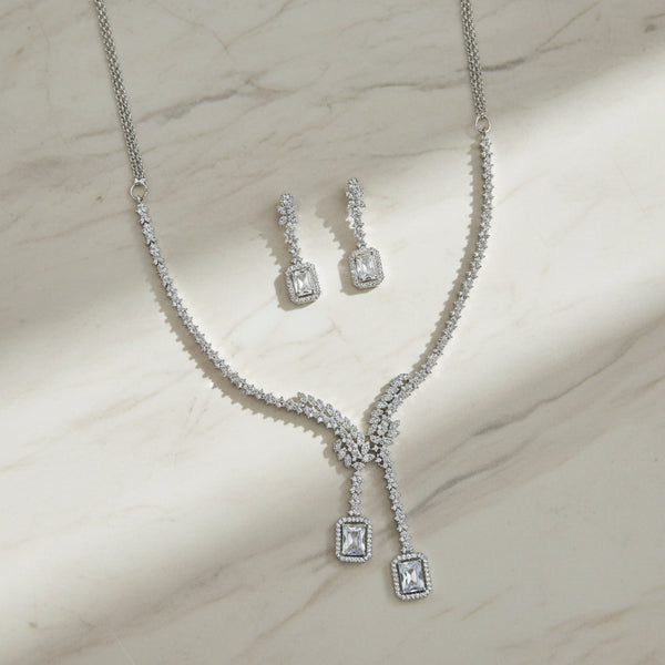439698 Cubic Zirconia Classic Necklace Set With Rhodium 2 Tone Plating