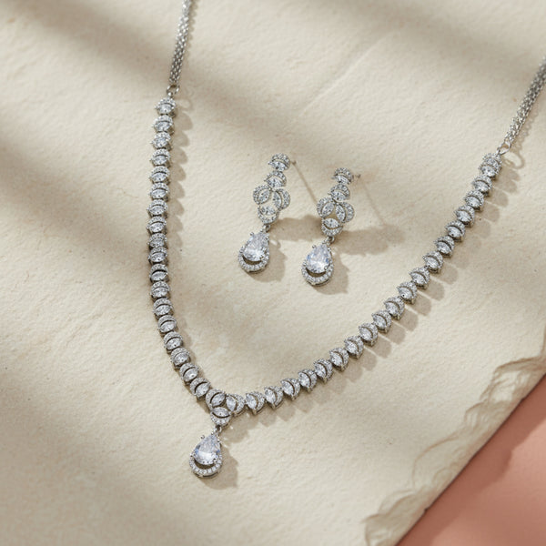 439700 Cubic Zirconia Delicate Necklace Set With Rhodium 2 Tone Plating