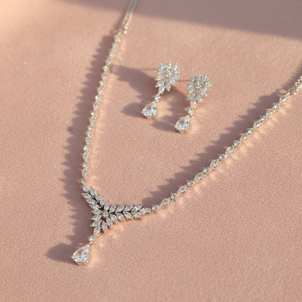 439703 Cubic Zirconia Classic Necklace Set With Rhodium 2 Tone Plating