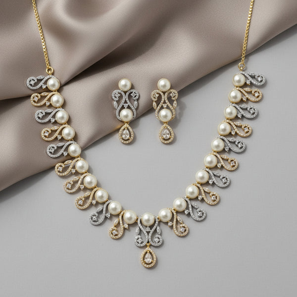 439822 Cubic Zirconia Classic Necklace Set With Rhodium 2 Tone Plating