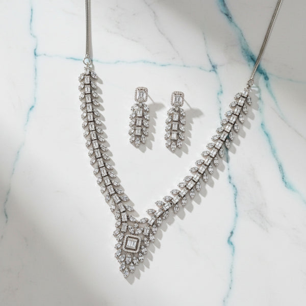 440074 Cz Classic Necklace With Black Rose 2 Tone Rhodium Plating