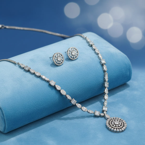 440077 Cz Delicate Necklace With Black Rose 2 Tone Rhodium Plating