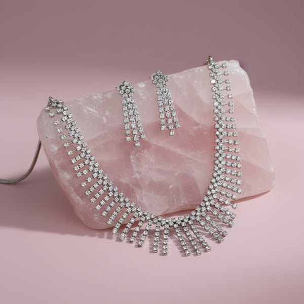 440079 Cz Classic Necklace With Black Rose 2 Tone Rhodium Plating