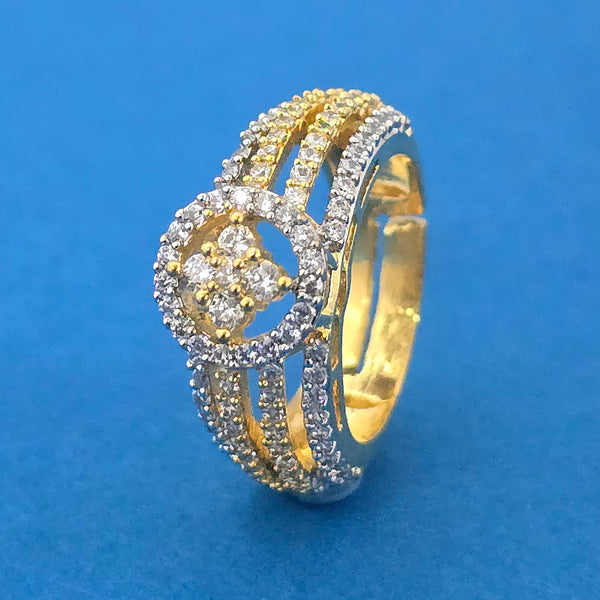 440132 Cubic Zirconia Adjustable Ring With Mehndi 2 Tone Rhodium Plating