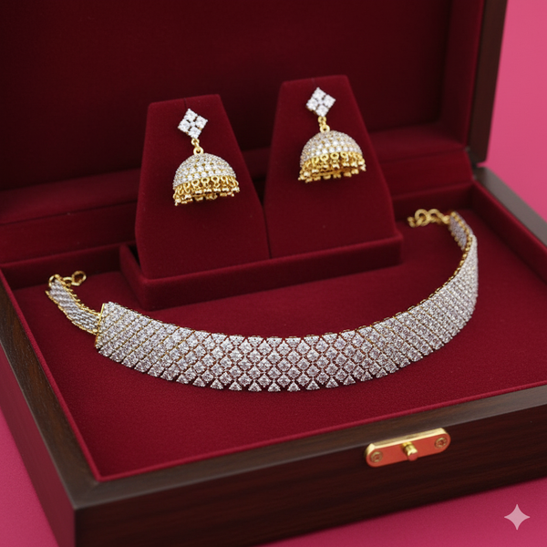 440684 Cz Choker Necklace With Carat 2 Tone Rhodium Plating