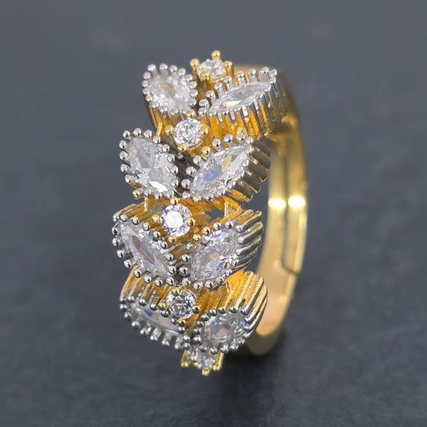 440827 Cz Adjustable Ring With Mehndi 2 Tone Rhodium Plating