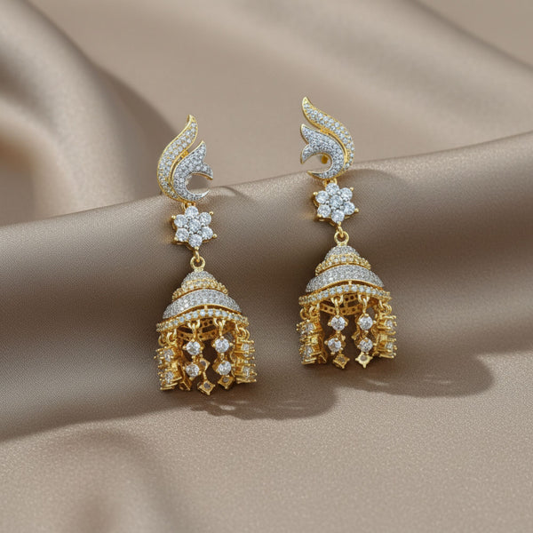 440918 Cz Jhumki With Mehndi 2 Tone Rhodium Plating