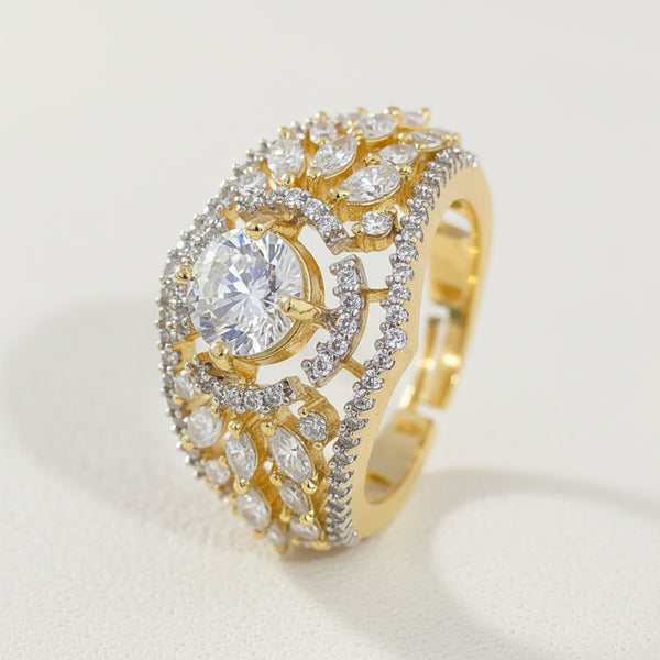 440931 Cz Adjustable Ring With Mehndi 2 Tone Rhodium Plating