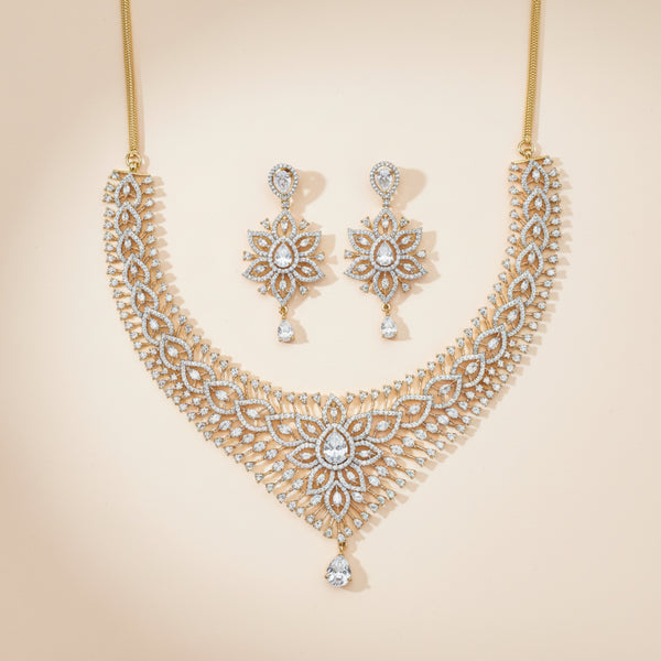 440969 Cz Classic Necklace Set With 2 Tone Rhodium Plating