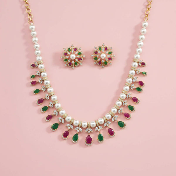 441037 Cz Moti Necklace Set With Gold Plating