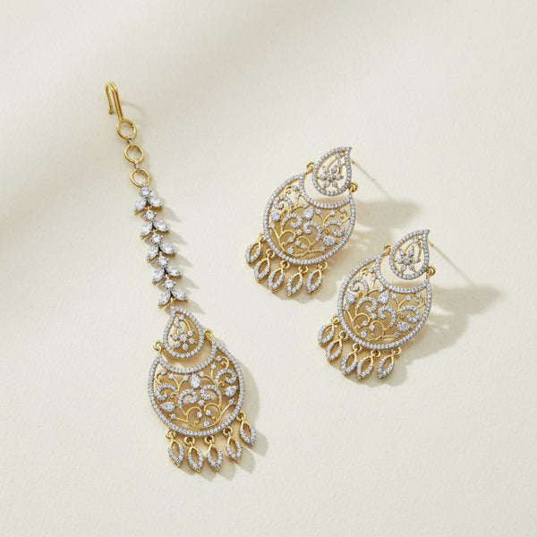 441071 Cz Classic Earring Tikka With Mehndi 2 Tone Rhodium Plating