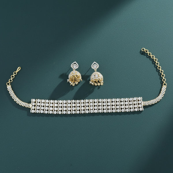 441110 Cz Choker Necklace Set With Carat 2 Tone Rhodium Plating