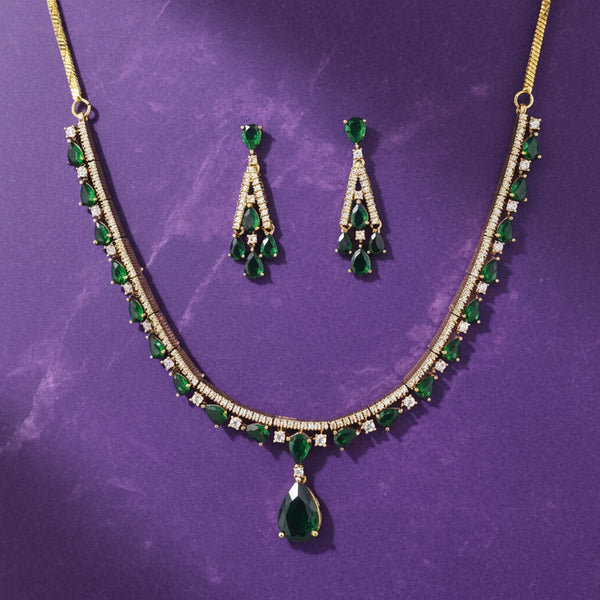 441155 Cubic Zirconia Delicate Necklace Set With Mehndi Plating