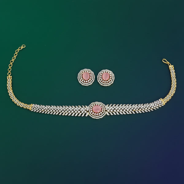 441314 Cubic Zirconia Choker Necklace Set With 2 Tone Plating