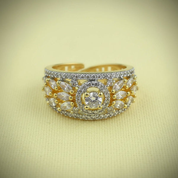 441508 Cubic Zirconia Adjustable Ring With Mehndi 2 Tone Rhodium Plating