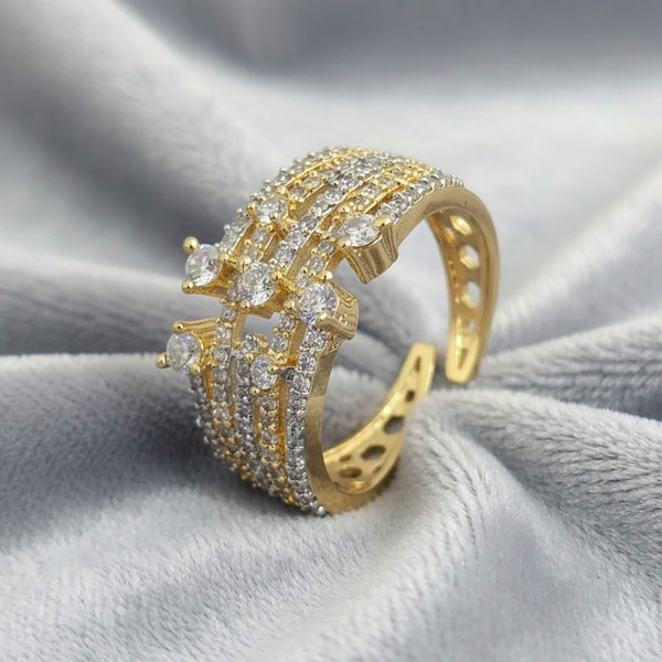 441509 Cubic Zirconia Adjustable Ring With Mehndi 2 Tone Rhodium Plating