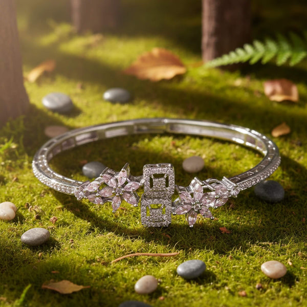 441542 Cubic Zirconia Openable Kada With Rhodium Plating